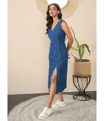 Generic Women's Denim Solid Sleeveless Dress (Blue)