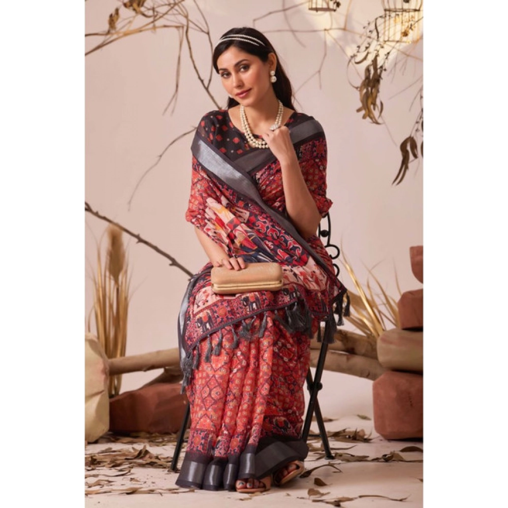 Generic Women's Faux_Linen Printed Saree With Unstitched Blouse 5.5Mtr (Red)
