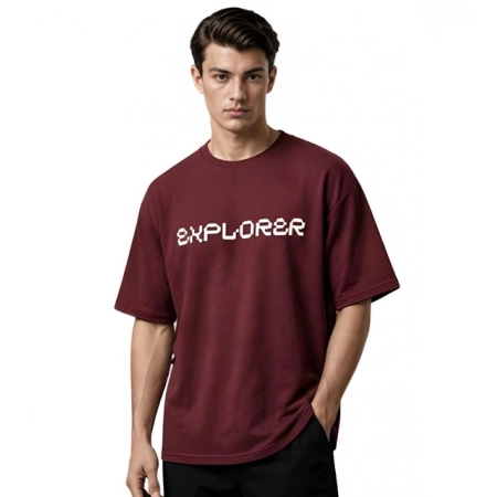 Generic Men's Cotton Blend Printed Oversized Round Neck Half Sleeve T-Shirt (Maroon)