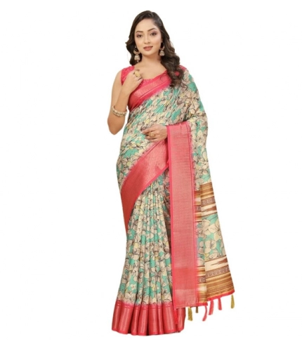 Generic Women's Cotton Silk Floral Printed Saree With Unstitched Blouse 5.5Mtr (Multicolor)