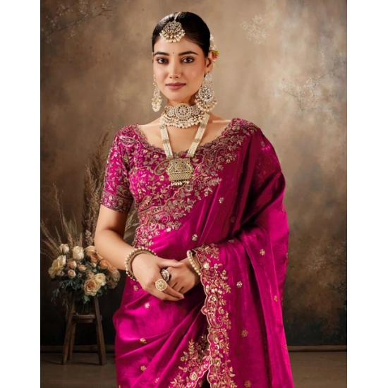 Generic Women's Silk Embroidered Saree With Unstitched Blouse 5.5Mtr (Pink)