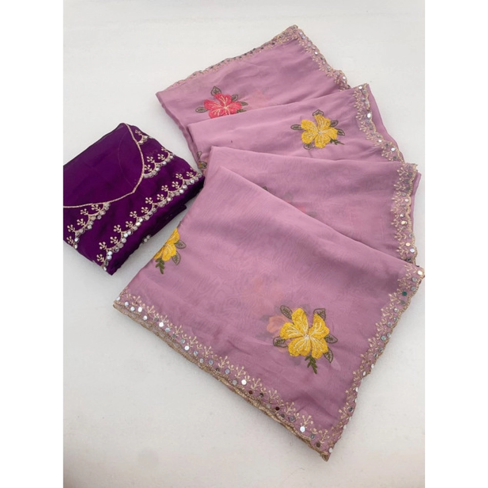 Generic Women's Georgette Embellished Saree With Unstitched Blouse 5.5Mtr�(Lavender)