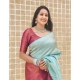 Generic Women's Litchi silk Printed Saree With Unstitched Blouse (Blue)