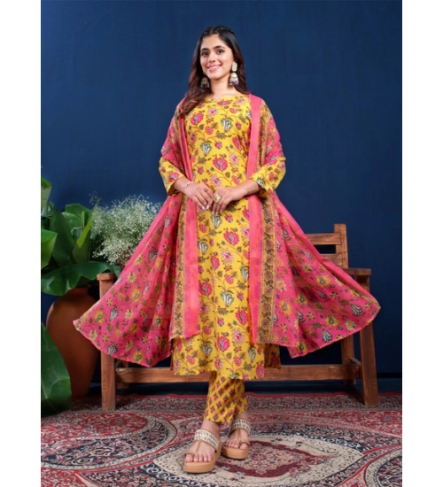 Generic Women's Cotton Blend Printed Kurti With Pant Dupatta Set (Yellow)