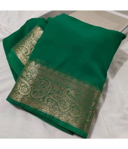 Generic Women's Crepe Chit Pallu Solid Saree With Unstitched Blouse 5.5Mtr (Green)