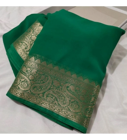 Generic Women's Crepe Chit Pallu Solid Saree With Unstitched Blouse 5.5Mtr (Green)