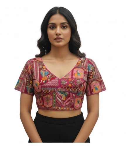 Generic Women's Crepe Position Print V Neck Short Sleeve Readymade Blouse (Pink 38 Ready , Alterable 36–40)-PID65822