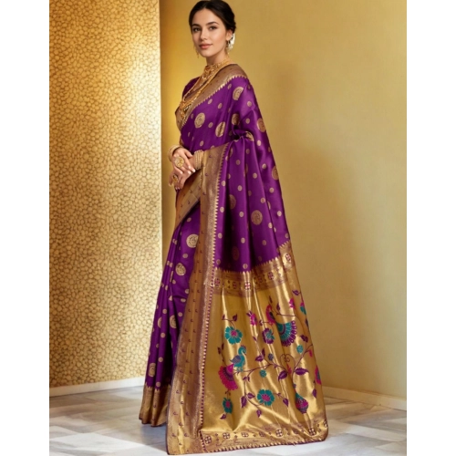 Women's Silk Blend Paithani Saree With Unstitched Blouse 5.5Mtr (Purple)