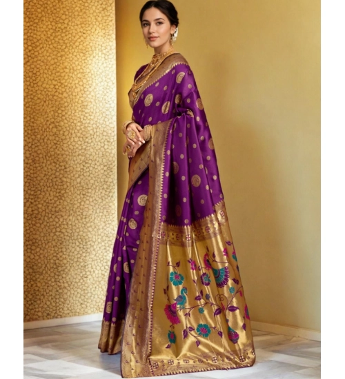Generic Women's Silk Blend Paithani Saree With Unstitched Blouse 5.5Mtr (Purple)