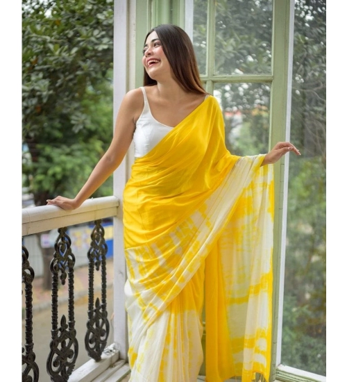 Generic Women's Linen Printed Saree With Unstitched Blouse 5.5Mtr (Yellow)