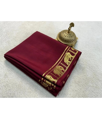 Generic Women's Crepe Chit Pallu Solid Saree With Unstitched Blouse 5.5Mtr (Maroon)