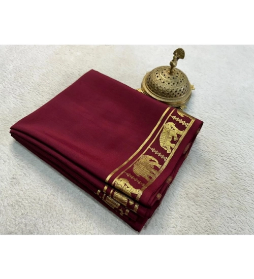 Generic Women's Crepe Chit Pallu Solid Saree With Unstitched Blouse 5.5Mtr (Maroon)