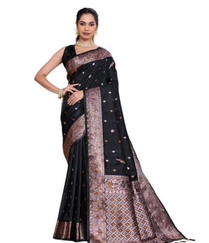 Generic Women's Jacquard Woven Saree With Unstitched Blouse 5.5Mtr (Black)