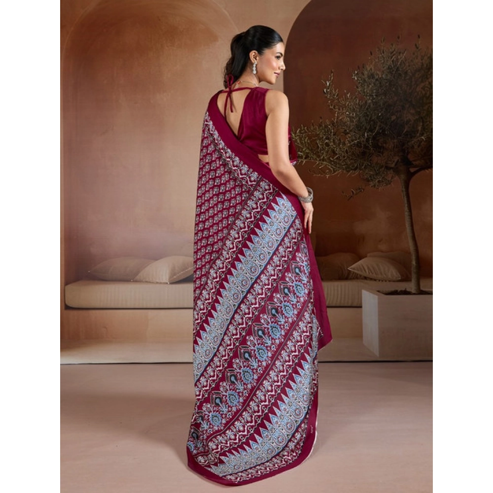 Women's Satin Crepe Printed Saree With Unstitched Blouse 5.5Mtr (Maroon)