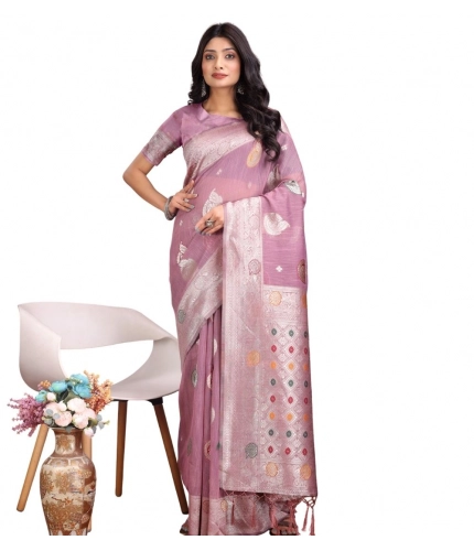 Generic Women's Linen Cotton Printed Saree With Unstitched Blouse 5.5Mtr (Purple)