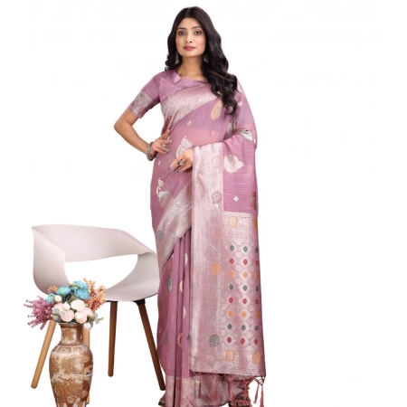Generic Women's Linen Cotton Printed Saree With Unstitched Blouse 5.5Mtr (Purple)