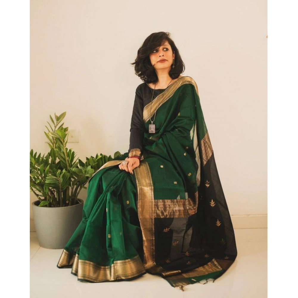 Generic Women's Soft Lichi Silk Printed Saree With Unstitched Blouse 5.5Mtr (Green)