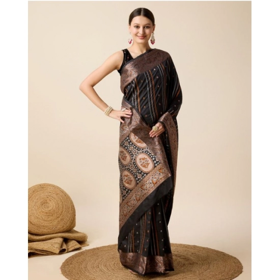 Generic Women's Soft Silk Jacquard Saree With Unstitched Blouse 5.5Mtr (Black)