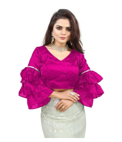 Generic Women's Organza Solid V Neck Layered Ruffle Sleeve Readymade Blouse (Pink Free Size , up to 38–40 Bust)-PID65856