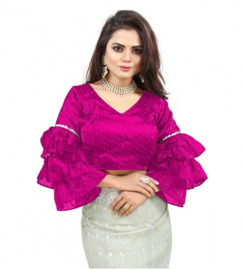 Generic Women's Organza Solid V Neck Layered Ruffle Sleeve Readymade Blouse (Pink Free Size , up to 38–40 Bust)-PID65856 Generic Women's Organza Solid V Neck Layered Ruffle Sleeve Readymade Blouse (Pink Free Size , up to 38–40 Bust)-PID65856