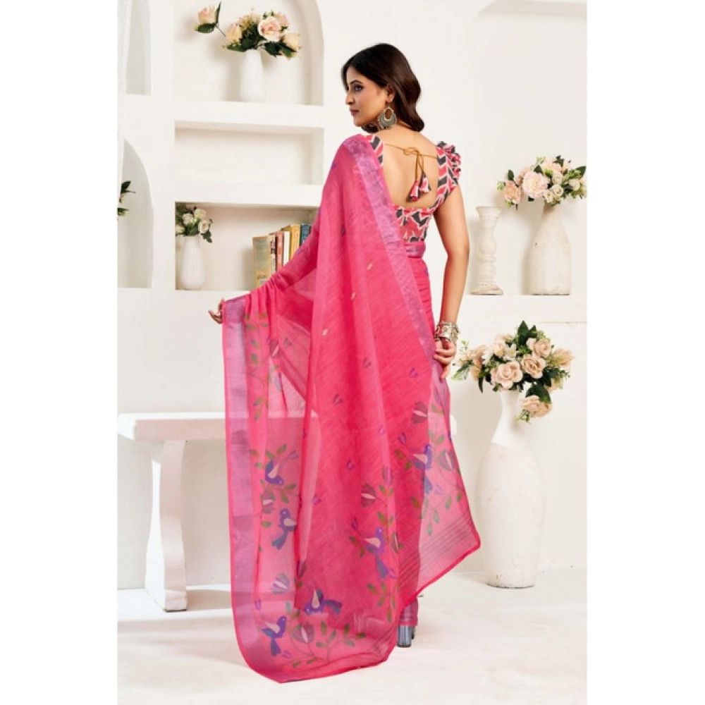 Generic Women's Linen Cotton Printed Ready To Wear Saree With Unstitched Blouse 5.5 Mtr (Pink)