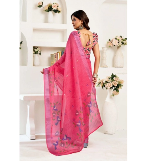 Generic Women's Linen Cotton Printed Ready To Wear Saree With Unstitched Blouse 5.5 Mtr (Pink)