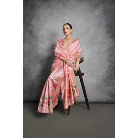 Generic Women's Cotton Printed Saree With Unstitched Blouse 5.5 Mtr (Peach)