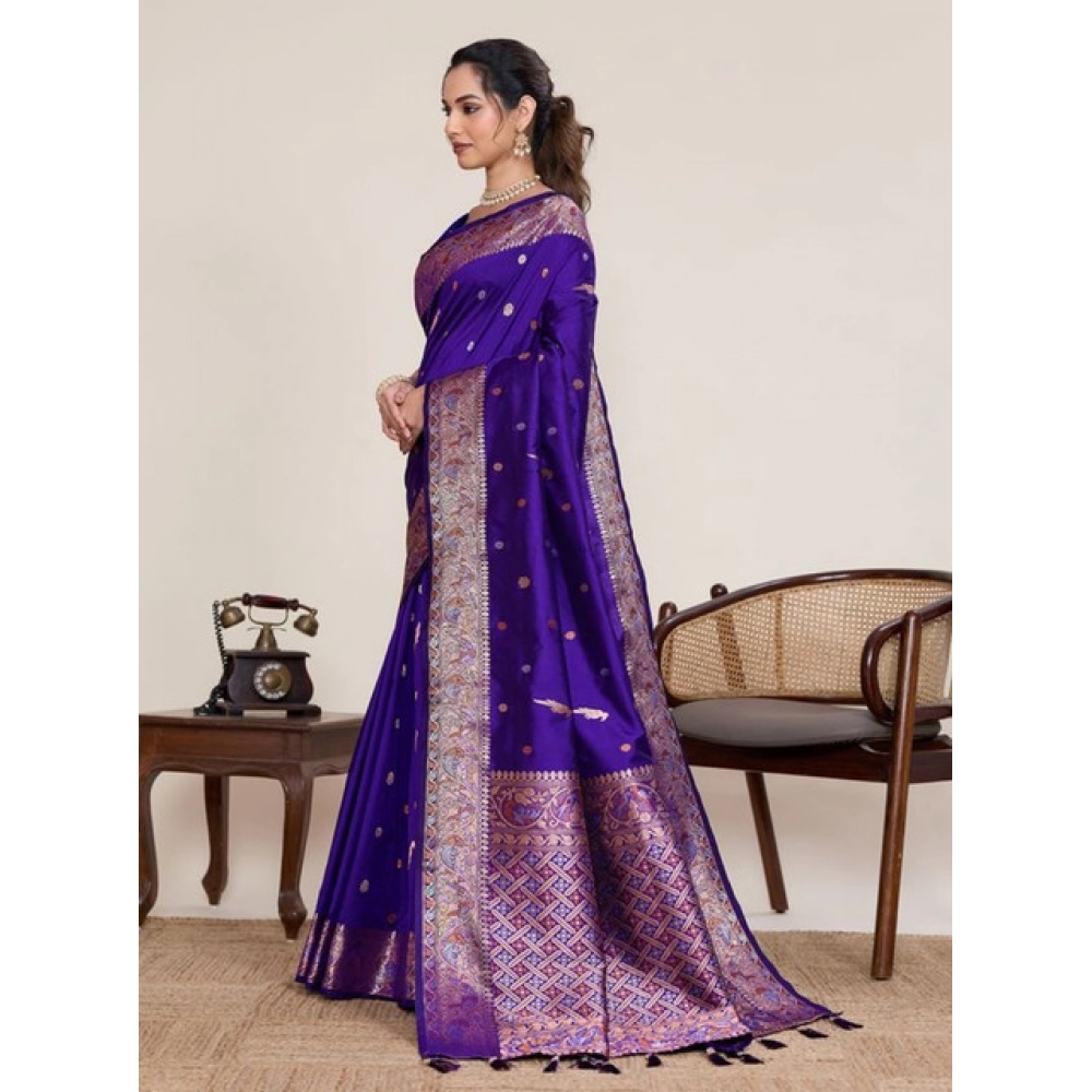 Women's Jacquard Woven Saree With Unstitched Blouse 5.5Mtr (Blue)