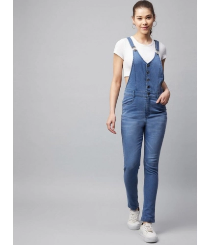 Generic Women's Denim Lycra Solid Buttoned Dungaree (Ice Blue)