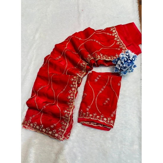 Generic Women's Slik Embellished Saree With Unstitched Blouse 5.5Mtr (Red)