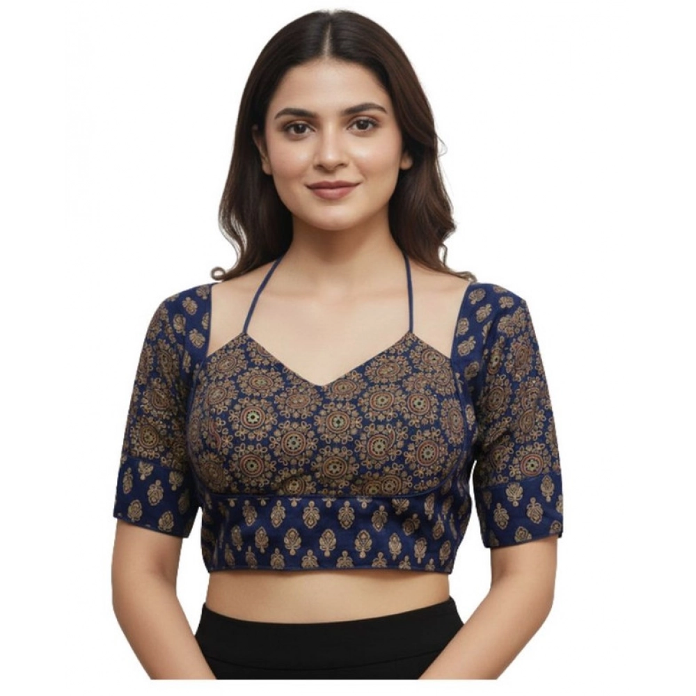 Generic Women's Ajrakh Cotton Printed Sweetheart Padded Blouse (Navy 38 Ready (Self Alterable 36–40)