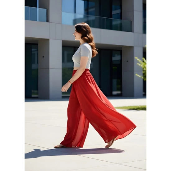 Generic Women's Pack of 1 Georgette Solid High Rise Wide Leg Flared Palazzo Pants with Elastic Waist (Red)