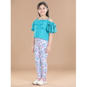 Generic Girl's Cotton Floral Elasticated Jegging and Top Set (Turquoise Blue)