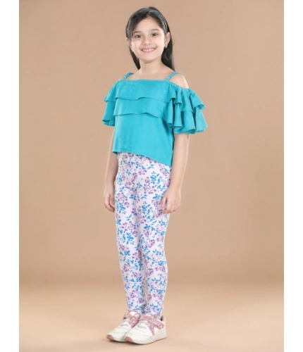 Generic Girl's Cotton Floral Elasticated Jegging and Top Set (Turquoise Blue)