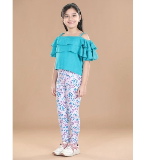 Generic Girl's Cotton Floral Elasticated Jegging and Top Set (Turquoise Blue)