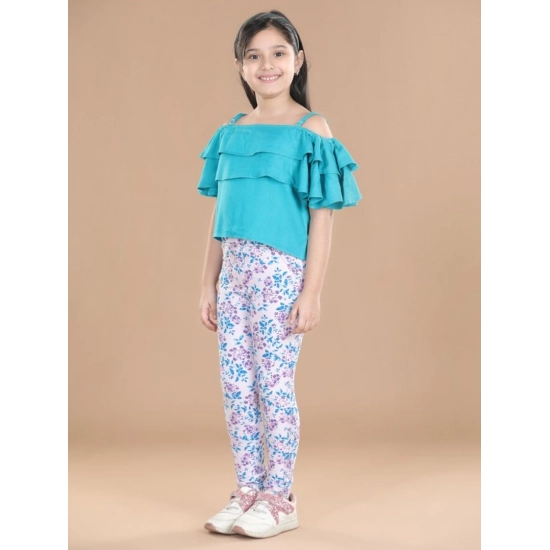 Generic Girl's Cotton Floral Elasticated Jegging and Top Set (Turquoise Blue)