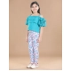 Generic Girl's Cotton Floral Elasticated Jegging and Top Set (Turquoise Blue)