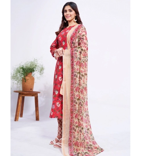 Generic Women's Cotton Blend Printed Kurti With Pant Dupatta Set (Red)
