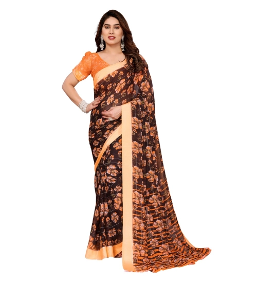 Generic Women's Georgette Printed Saree With Unstitched Blouse 5.5Mtr (Brown)