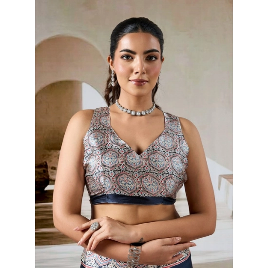 Generic Women's Satin Crepe Printed Saree With Unstitched Blouse 5.5Mtr (Navy Blue)