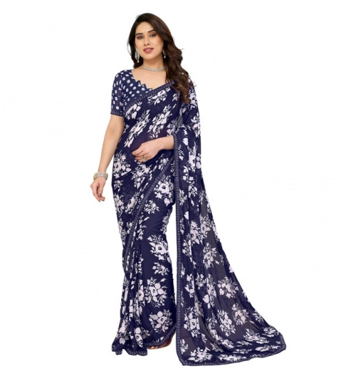 Generic Women's Georgette Printed Saree With Unstitched Blouse 5.5Mtr (Navy Blue)