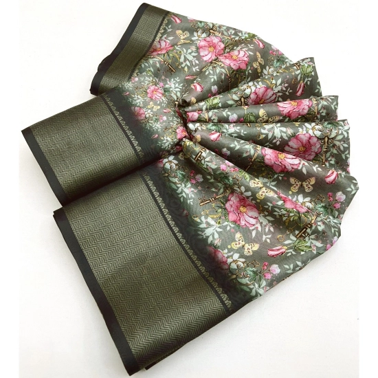 Generic Women's Cotton Silk Floral Printed Saree With Unstitched Blouse 5.5Mtr (Grey)