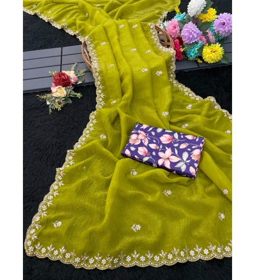 Generic Women's Stone Work Soft Silk Saree With Unstitched Blouse (Green, 5-6 Mtrs)