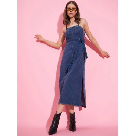 Generic Women's Denim Solid Shoulder Straps Dress (Blue) Generic Women's Denim Solid Shoulder Straps Dress (Blue)