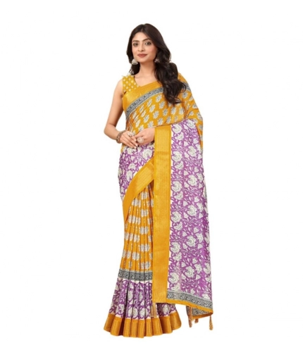 Generic Women's Cotton Blend Printed Saree With Unstitched Blouse 5.5Mtr (Yellow)