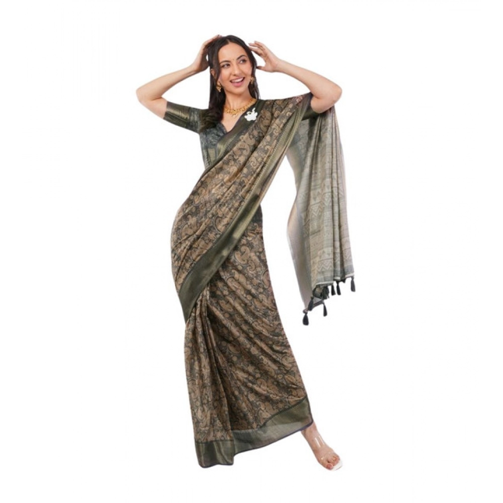 Women's Polyester Printed Ready To Wear Saree With Unstitched Blouse 5.5 Mtr (Grey)