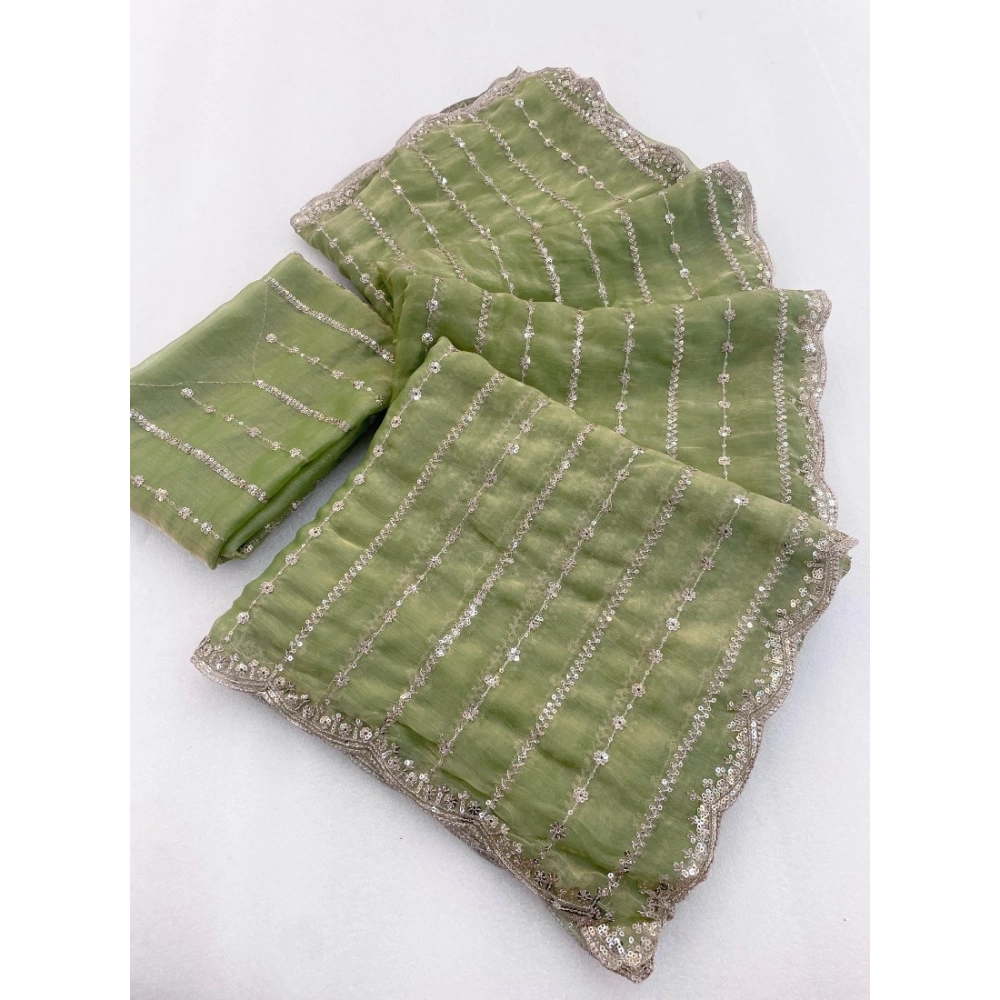 Generic Women's Jimmy Choo Embellished Saree With Unstitched Blouse 5.5Mtr�(Green)