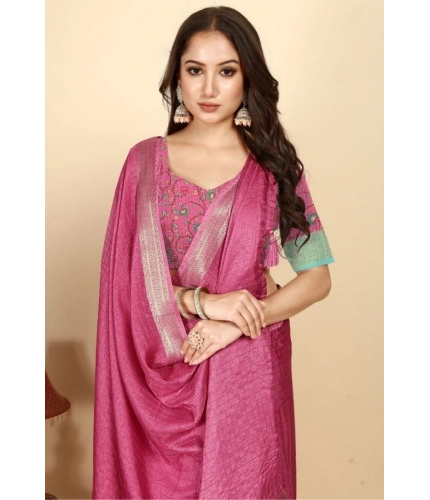 Generic Women's Cotton Blend Checkered Saree With Unstitched Blouse 5.5Mtr (Pink)