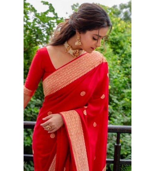Generic Women's Litchi silk Printed Saree With Unstitched Blouse (Red)