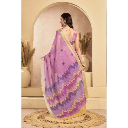 Generic Women's Linen Cotton Printed Ready To Wear Saree With Unstitched Blouse 5.5 Mtr (Lavender)